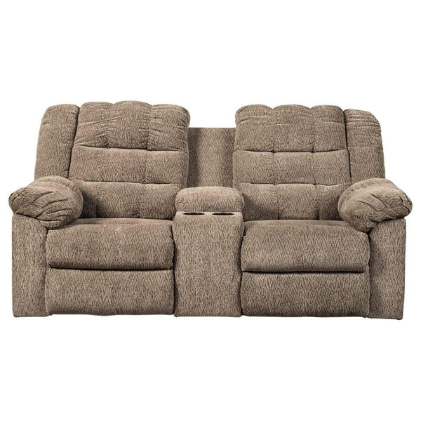Tufted Polyester Upholstered Metal Reclining Loveseat with Console , Brown