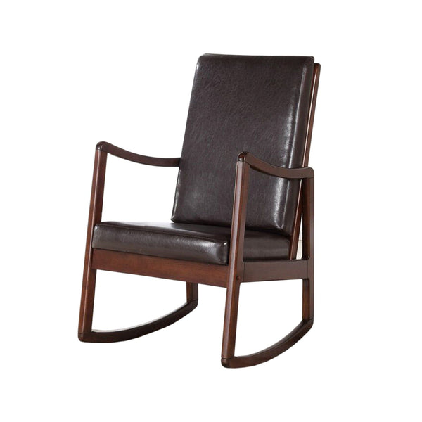 Wooden Framed Rocking Chair with Leatherette Cushioned Seat and Back, Brown