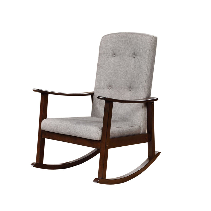 Wooden Rocking Chair with Fabric Upholstered Seat and Tufted Back, Brown and Gray