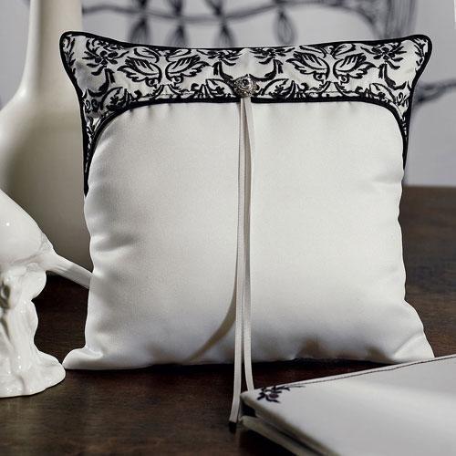 Love Bird Damask in Classic Black and White Ring Pillow (Pack of 1)-Wedding Ceremony Accessories-JadeMoghul Inc.
