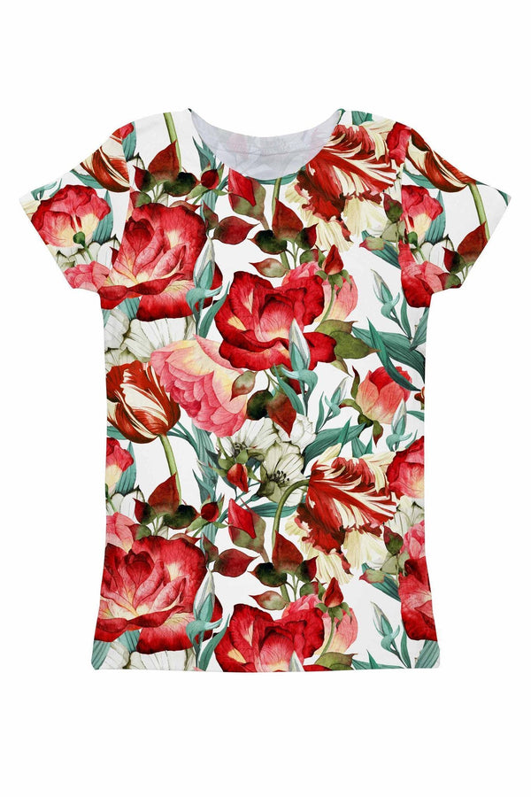 Love Song Zoe Red Floral Print Ornate Designer Tee - Women-Love Song-XS-White/Red/Green-JadeMoghul Inc.