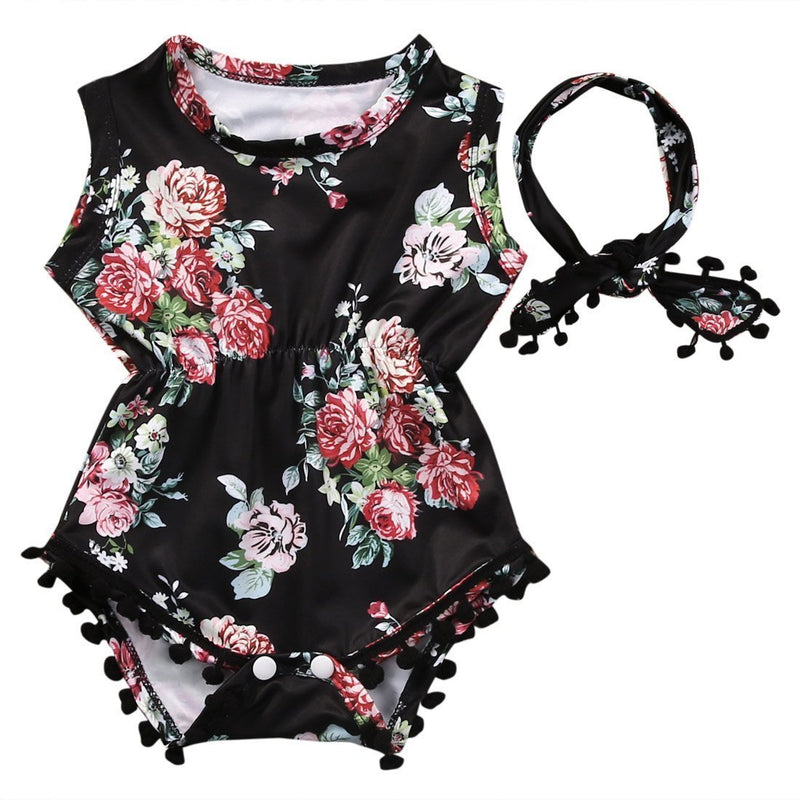 Lovely Baby Girl Romper Clothes 2017 Summer Floral Tassel Bodysuit Jumpsuit +Headband 2PCS Outfit Sunsuit Tracksuit Clothing Set-Black-19-24 months-JadeMoghul Inc.