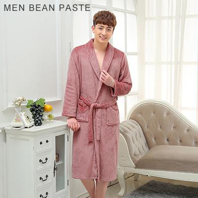 Lovers Classic Silk Soft Long Bathrobe / Flannel Warm Dressing Gown-Men bean paste-M-JadeMoghul Inc.