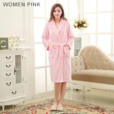 Lovers Classic Silk Soft Long Bathrobe / Flannel Warm Dressing Gown-Women Pink-M-JadeMoghul Inc.