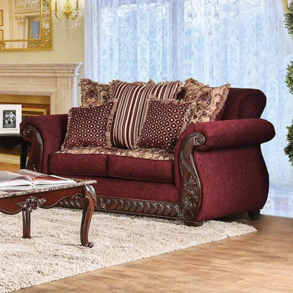 Tabitha Traditional Style Fabric & Leatherette Love Seat, Wine