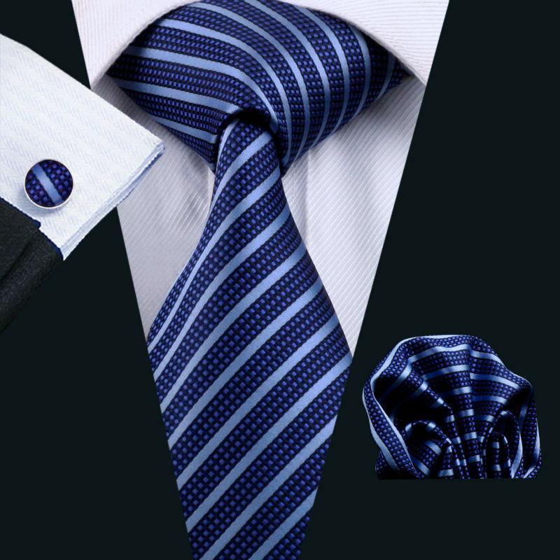 LS-337 Hot Men`s Tie Blue Striped 100% Silk Jacquard Woven Gravata Tie Hanky Cufflink Set For Men Formal Wedding Party Business-LS1066-JadeMoghul Inc.