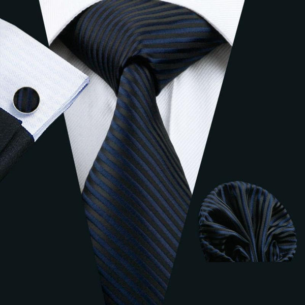 LS-877 Mens Tie Dark Striped 100% Silk Classic Jacquard Woven Barry.Wang Tie Hanky Cufflink Set For Men Formal Wedding Party-LS1190-JadeMoghul Inc.