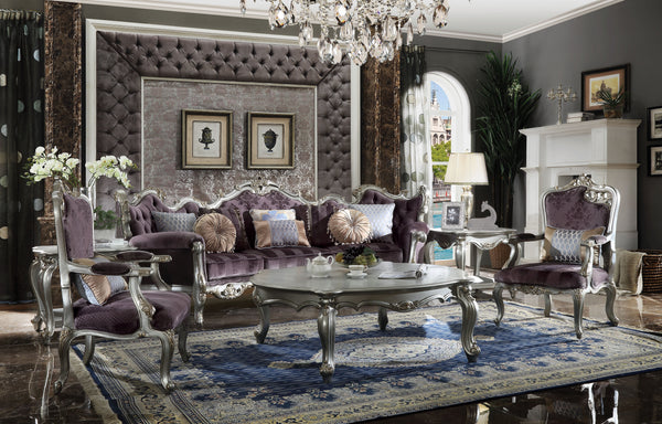 Luxurious Velvet Upholstered Wooden Sofa with Aesthetic Polyresin Carvings, Purple and Silver-Sofa & Sectionals-Purple and Silver-Wood Polyresin and velvet-JadeMoghul Inc.