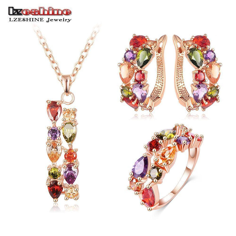 LZESHINE New Top Rose Gold Color Flower Jewelry Set Multicolor Cubic Zircon Pendant/Earrings/Ring Women Wedding Jewelry Sets-5-JadeMoghul Inc.