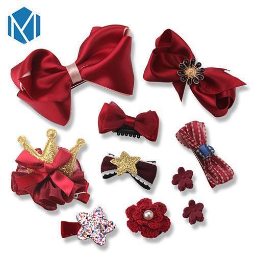 M MISM 2017 10Pcs Cute Crown Bowknot Kind Hairpin Set Flower Star Girls HairClip Hair Accessories Headwear Headband Hairgrip New-red wine-JadeMoghul Inc.