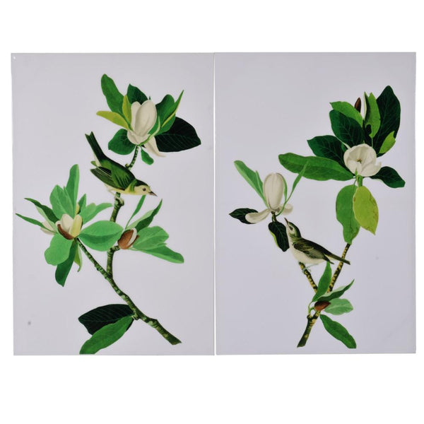 Magnolia Blooms Wall Art On Wooden Base, Multicolor, Set of 2-Wall Decor-White & Green-Wood Canvas-JadeMoghul Inc.