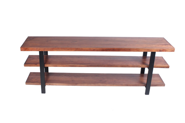 Mango Wood and Iron Console Table With Three Shelves, Brown and Black-Console Tables-Brown and Black-Mango And Iron-JadeMoghul Inc.