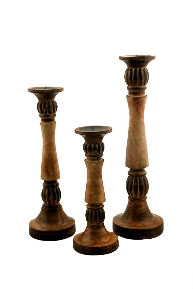Mango Wood Vintage Style Candleholder/Candlestick, Set of 3, Brown-Candleholders-Walnut-Wood-Burnished-JadeMoghul Inc.