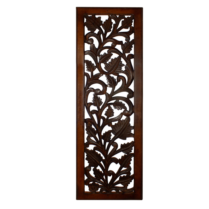 Mango Wood Wall Panel Hand Crafted with Leaves and Scroll Work Motif, Brown-Wall Panel-Brown-Mango Wood and MDF-Matte-JadeMoghul Inc.