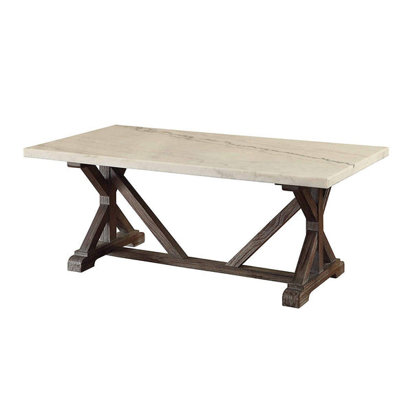 Marble Rectangle Shaped Coffee Table with Wooden Trestle Base, White and Espresso Brown-Coffee Tables-White and Brown-Wood and Marble-JadeMoghul Inc.