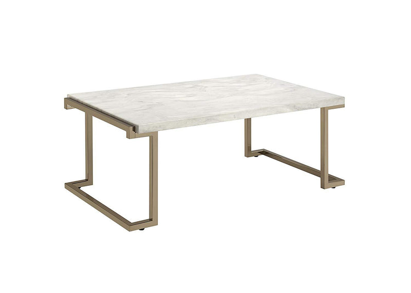 Marble Top Coffee Table With Metal Base, White And Gold-Coffee Tables-White, Gold-Marble Metal-JadeMoghul Inc.