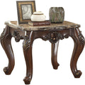 Marble Top End Table With Carved Floral Motifs Wooden Feet, Brown-Side and End Tables-Brown-Marble Wood-JadeMoghul Inc.