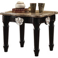 Marble Top End Table With Contrast Carved Motif Turned Wood Legs, Black-Side and End Tables-Black-Marble Wood-JadeMoghul Inc.