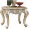 Marble Top End Table With Flower Motif Engraved Angular Wood Feet, Silver-Side and End Tables-Silver-Marble-JadeMoghul Inc.