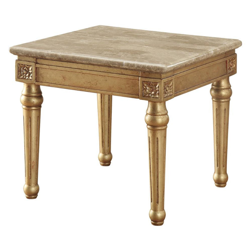 Marble Top End Table With Fluted Detail Wooden Turned Legs, Gold-Side and End Tables-Gold-Marble-JadeMoghul Inc.