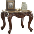 Marble Top End Table With Motif Engraved Angular Wood Feet, Brown-Side and End Tables-Brown-Marble Wood-JadeMoghul Inc.