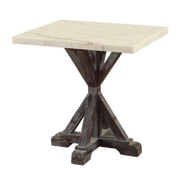 Marble Top End Table With Wooden Tri-Pod Base, White And Espresso Brown-Side and End Tables-White, Brown-Marble Wood-JadeMoghul Inc.