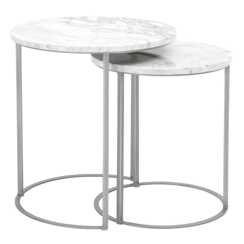 Marble Top Round Nesting Table With Brushed Steel Gray Base, White, Set Of Two-End Tables-White, Gray-Metal Marble Veneer and MDF-JadeMoghul Inc.