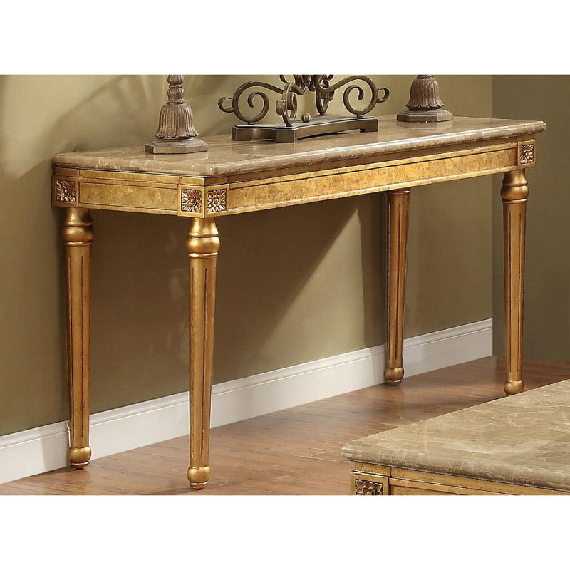 Marble Top Sofa Table With Fluted Detail Wooden Turned Legs, Gold-Living Room Furniture-Gold-Marble-JadeMoghul Inc.