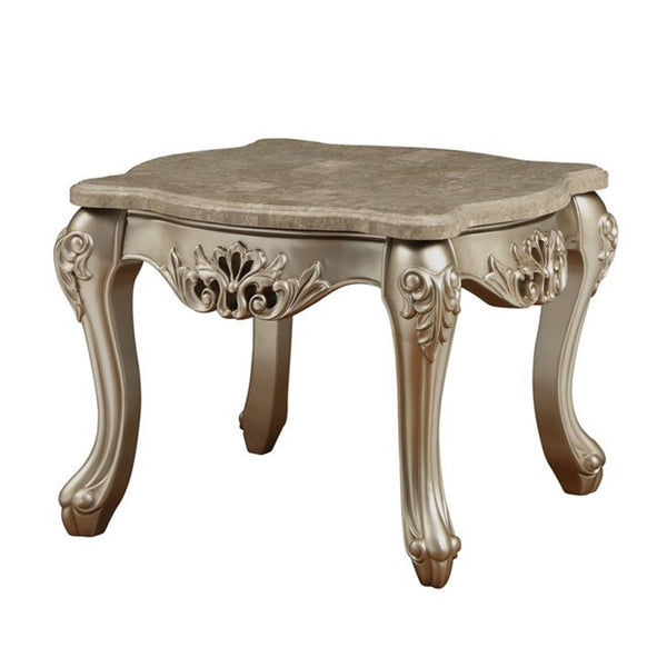 Marble Top Wooden End Table with Queen Anne Style Legs, Champagne Gold-Side and End Tables-Gold-Wood and Marble-JadeMoghul Inc.