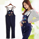 Maternity Cotton Overalls With Owl Print And Striped Shirt Set-Dark blue pants-M-JadeMoghul Inc.