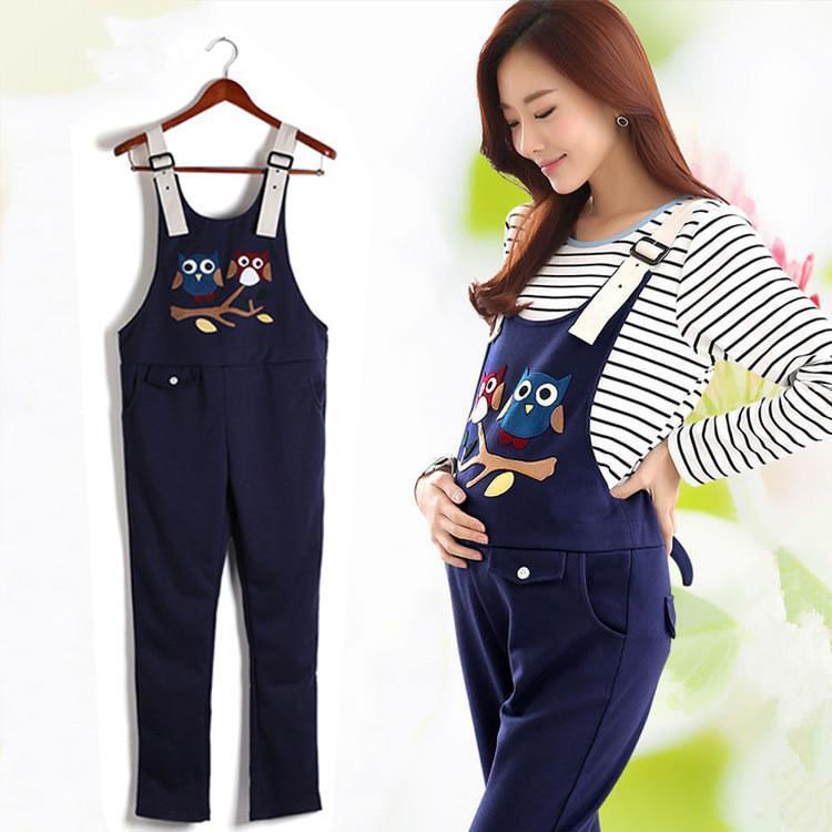 Maternity Cotton Overalls With Owl Print And Striped Shirt Set-Dark blue pants-M-JadeMoghul Inc.