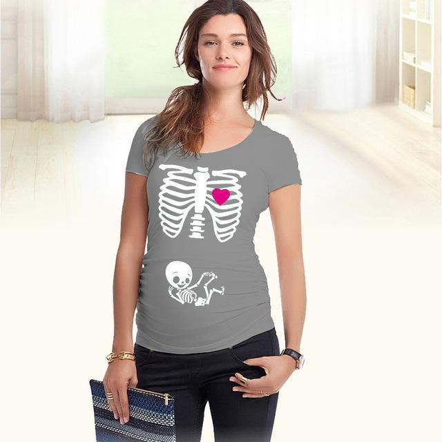 Maternity Cute Printed Short Sleeved Tshirt Top-grey skeleton-L-JadeMoghul Inc.