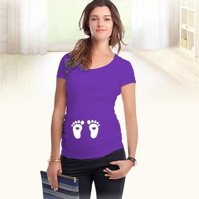 Maternity Cute Printed Short Sleeved Tshirt Top-Purple Feet-L-JadeMoghul Inc.