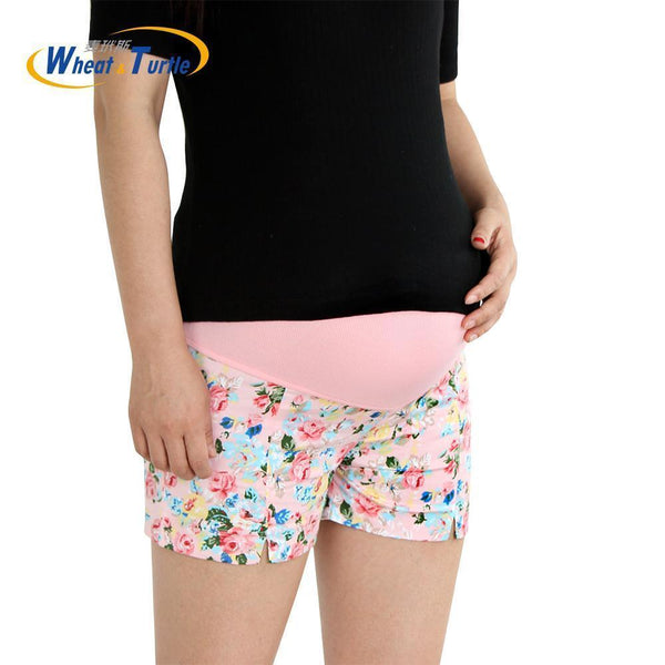 Maternity Floral Printed cotton shorts With Elastic Belly Support-Pink Blue-M-JadeMoghul Inc.