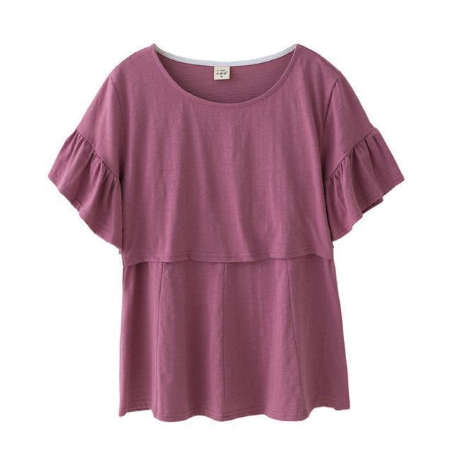 Maternity Nursing Cotton Top With Ruffled Sleeves-Purple-M-JadeMoghul Inc.