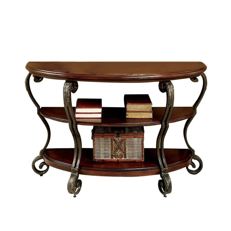 May Transitional Style Sofa Table-Console Tables-Brown Cherry-Metal Tempered Glass Solid Wood & Others-JadeMoghul Inc.