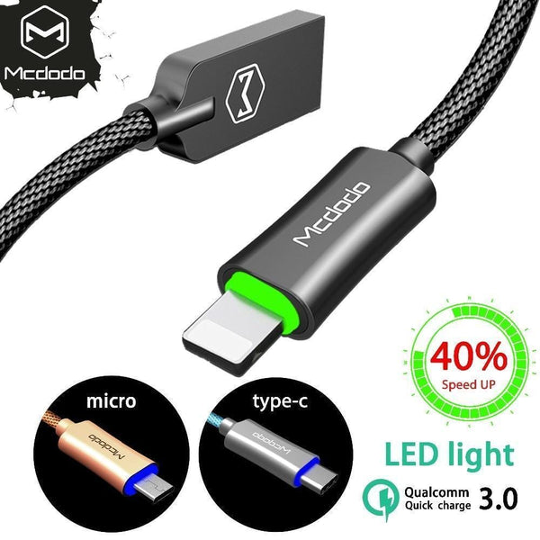 Mcdodo USB Cable LED For iPhone X 8 7 6 Charging For Lightning Micro Cable For Android Samsung huawei Type c Data Auto Power Off-iOS Gray-1.5m-JadeMoghul Inc.