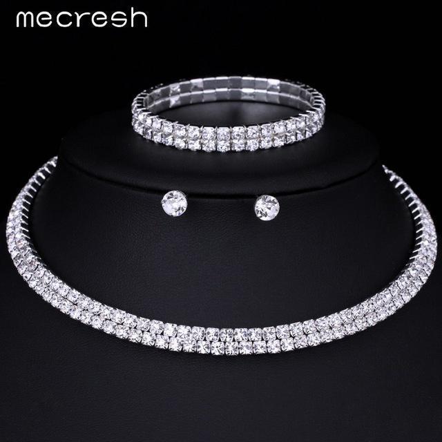 Mecresh Silver Color Circle Crystal Bridal Jewelry Sets African Beads Rhinestone Wedding Necklace Earrings Bracelet Sets 3TL002-Double Row-JadeMoghul Inc.