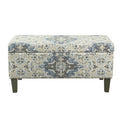 Medallion Print Fabric Upholstered Wooden Bench With Hinged Storage, Large, Blue and Cream