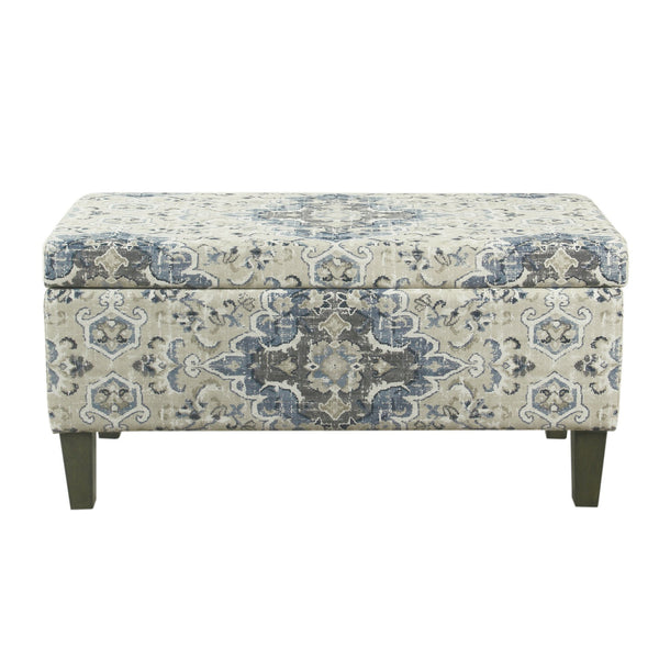 Medallion Print Fabric Upholstered Wooden Bench With Hinged Storage, Large, Blue and Cream