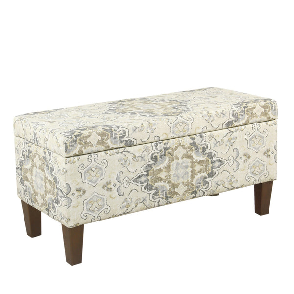 Medallion Print Fabric Upholstered Wooden Bench With Hinged Storage, Large, Brown and Cream