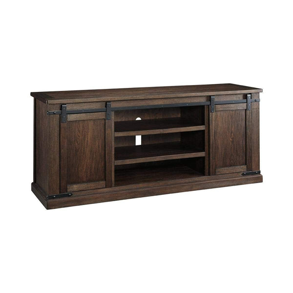 Media Storage Cabinets & Racks Spacious Wooden TV Stand with Two Sliding Barn Door Storage, Extra Large, Rustic Brown Benzara