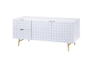 Wooden TV Console with Tapered Metal legs and Spacious Storage, White and Gold