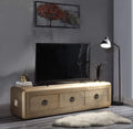 Wooden TV Stand with Aluminum Patchwork and Three Spacious Drawers, Gold