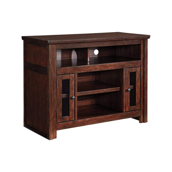 Wooden TV Stand with Two Glass Inserted Door Cabinets and Open Shelves, Brown