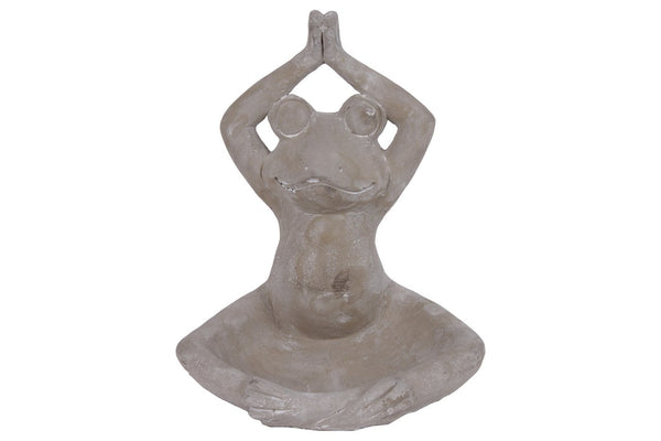 Meditating Frog Figurine In Overhead Namaskara Position With Candle Holder, Gray-Animal Statues-Gray-Cement-Concrete Finish-JadeMoghul Inc.