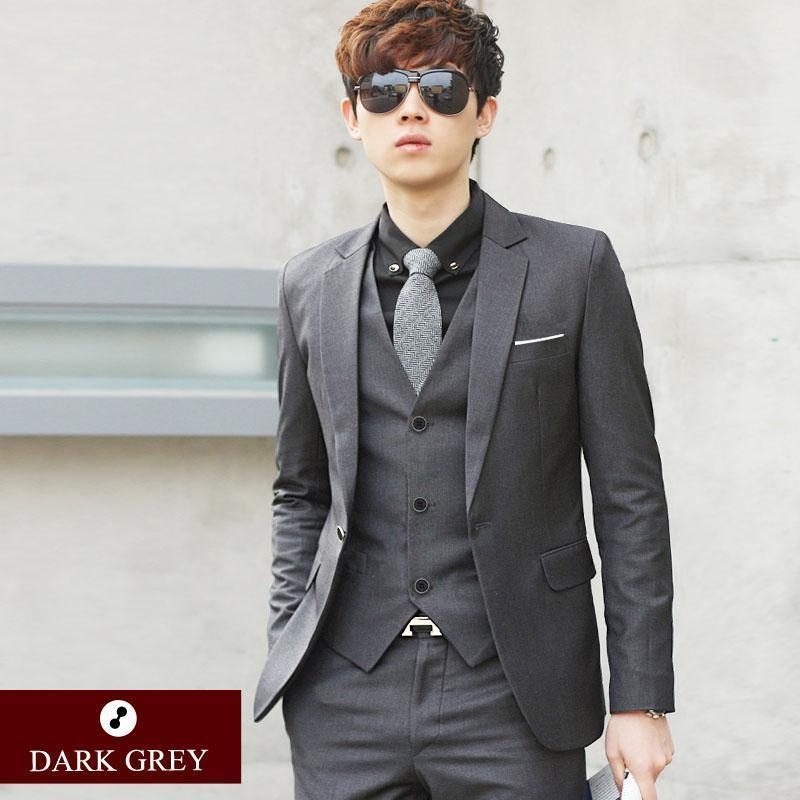 Men 3-pieces Slim Fit Suit-1 dark grey-S-JadeMoghul Inc.
