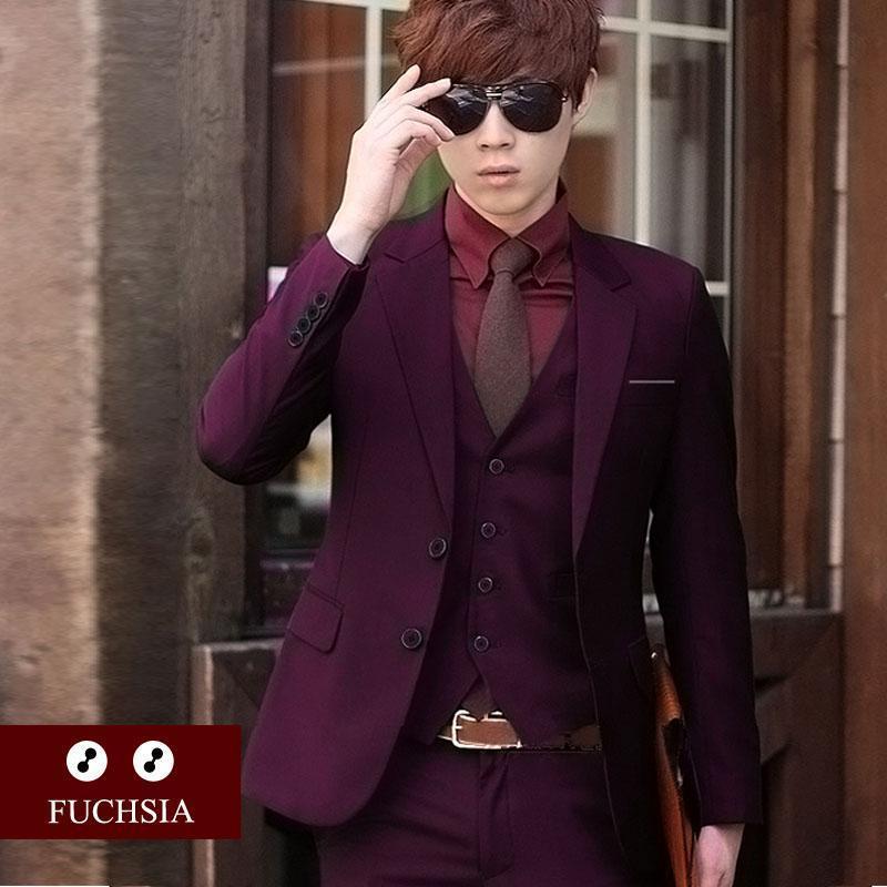 Men 3-pieces Slim Fit Suit-2 fuchsia-S-JadeMoghul Inc.