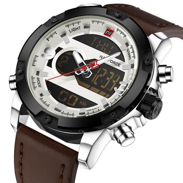 Men Analog & Digital Leather Sports Watch-Silver White-JadeMoghul Inc.