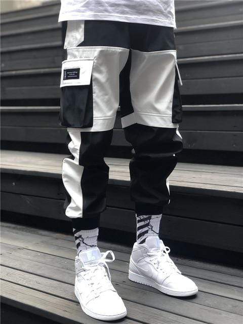 Men Cargo Pants Black Ribbons Block Multi-Pocket 2020 Harem Joggers Harajuku Sweatpant Hip Hop Casual Male Trousers AExp